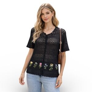 Vintage Teddi Black Crochet Floral Cardigan - Cottagecore Boho Sweater - Women L